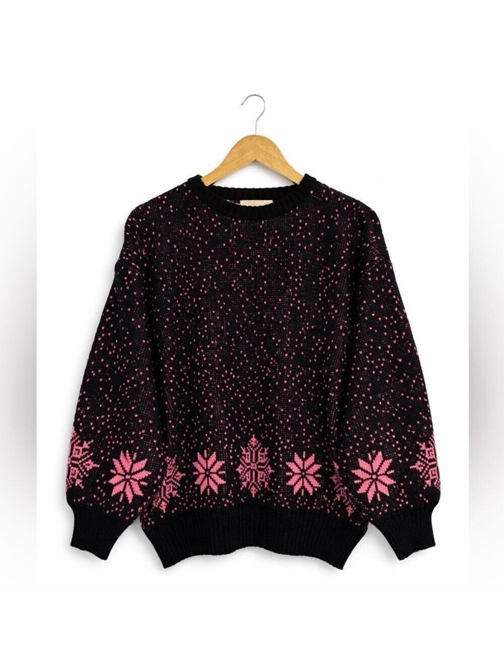 Vintage Black Pink Nordic Knit Sweater | 80s 90s Cozy Statement Pullover